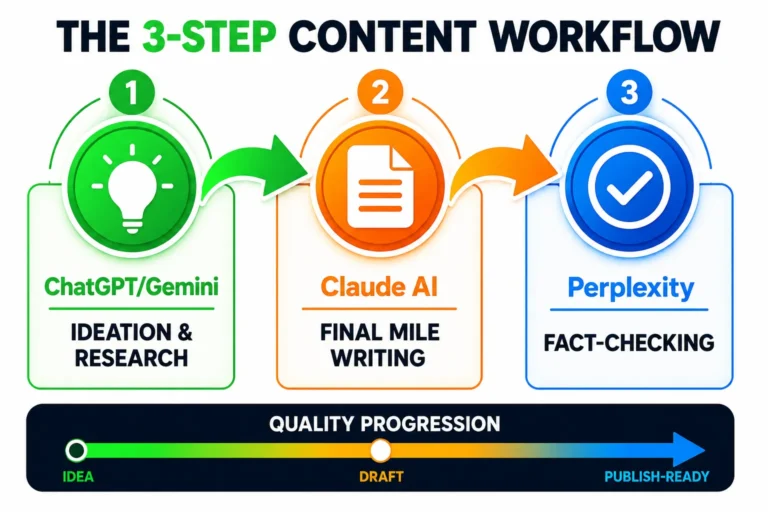 Three-step process diagram showing the recommended daily workflow for freelancers using AI tools: ideation with ChatGPT or Gemini, writing with Claude AI, and fact-checking with Perplexity