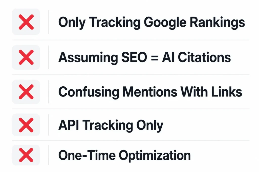Checklist graphic showing five common mistakes brands make with AI search visibility including only tracking Google and assuming SEO rankings guarantee AI citations