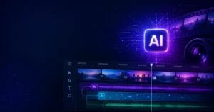 Abstract technology background with video editing timeline and glowing AI nodes representing AI-powered video editing software in 2026