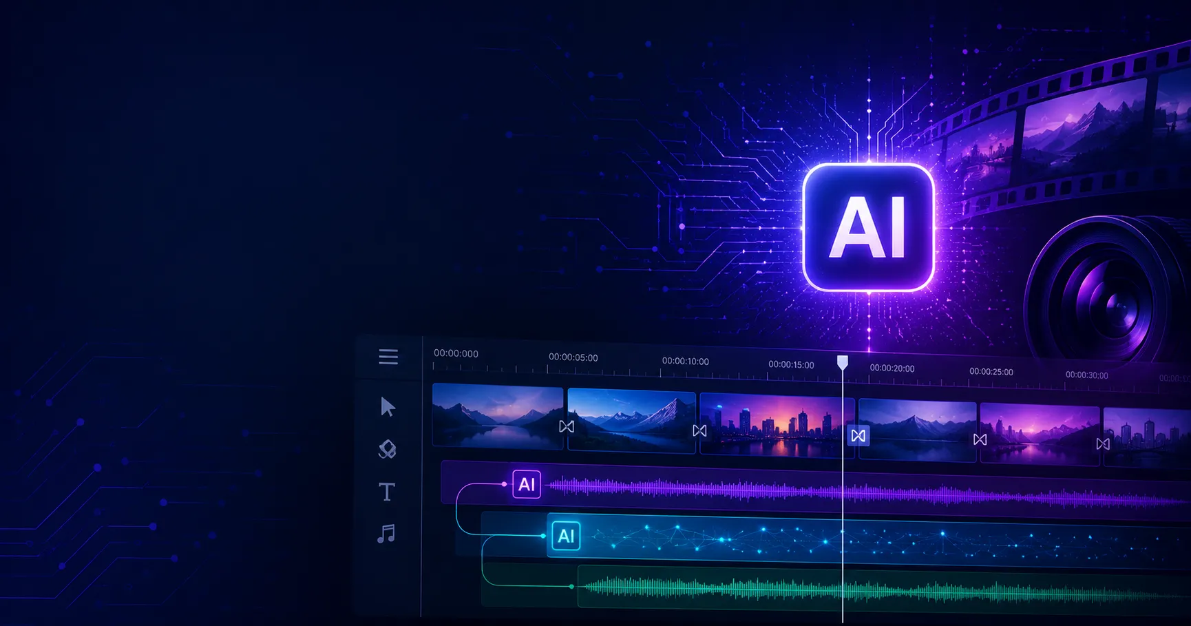 Abstract technology background with video editing timeline and glowing AI nodes representing AI-powered video editing software in 2026