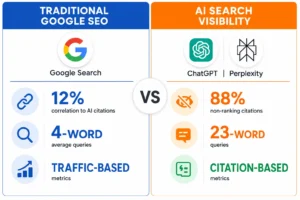Traditional Google SEO vs AI Search Visibility: Key Metrics Comparison Traditional Google SEO vs AI Search Visibility: Key Metrics Comparison