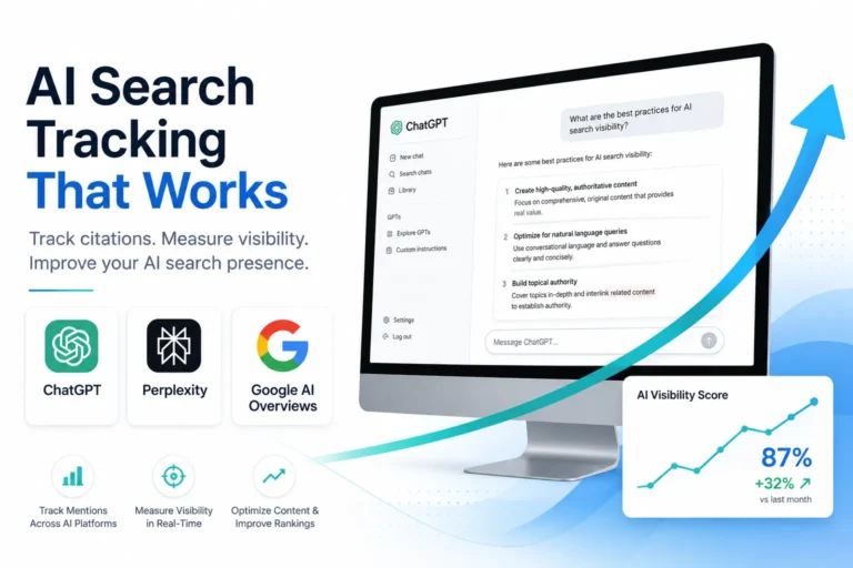 Featured image showing AI search visibility tracking across ChatGPT, Perplexity, and Google AI Overviews with upward trending analytics